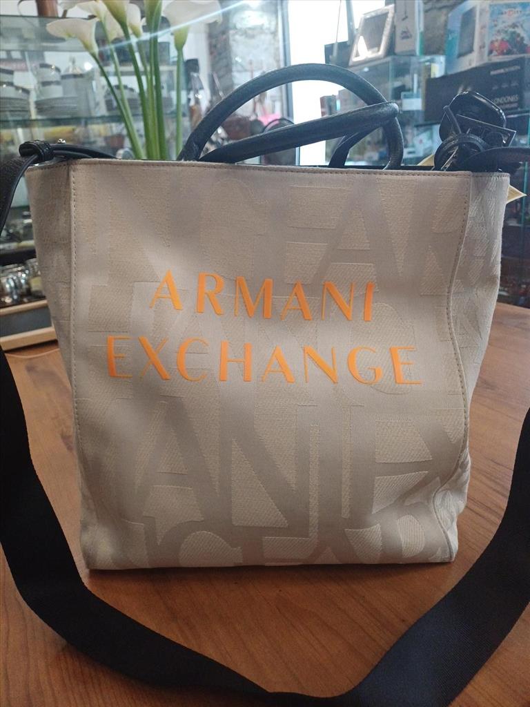 BORSA TESSUTO BEIGE CON MANICI NERI E SCRITTA ARANCIO ARMANI EXCHANGE