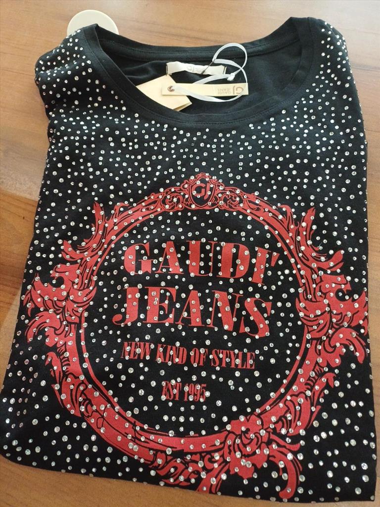 T-SHIRT NERA CON SCRITTE ROSSE E BORCHIETTE GAUDI TG. XL