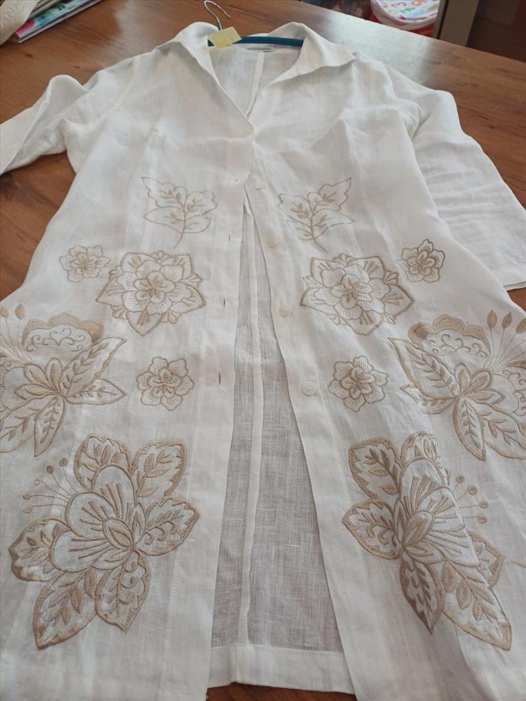CAMICIA LUNGA BIANCA RICAMO BEIGE IN LINO NARACAMICIE TG I
